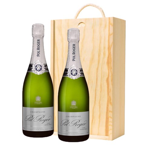 Pol Roger Pure Extra Brut Champagne 75cl Double Pine Wooden Gift Boxed (2x75cl)